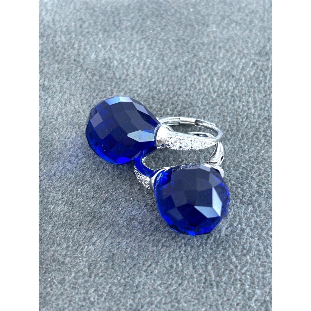 Silver Drop Earrings With Blue Faceted Crystal Stones & Rhinestone Accents OS - Picture 2 of 5